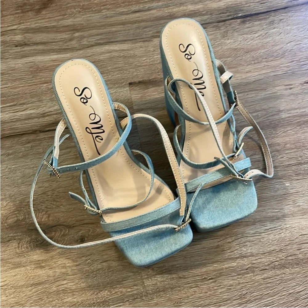 So Me Vintage Blue Denim Rhinestone Ankle Strappy Platform Heels